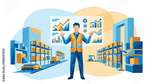 A confident warehouse manager in a safety vest presents logistics data on a futuristic interface, overseeing automated robots and conveyor systems in a modern facility.