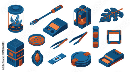 A modern isometric collection of biology and botany laboratory equipment is neatly arranged for scientific research and experimentation on a clean isolated background.