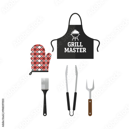 Barbecue equipment set with a black apron, red oven mitt, tongs, spatula, and brush for grilling meat