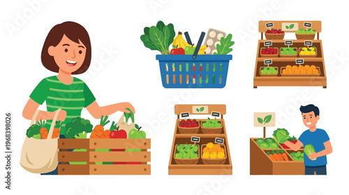 People shopping for fresh fruits and vegetables at a grocery store or farmers market, with various produce displays and a full shopping basket.