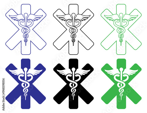 star of life, medical, caduceus, healthcare, emergency symbol set showing ambulance icon variations in outline and solid styles for hospital, rescue, paramedic, first aid and clinical use