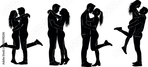 Romantic Couple Silhouette Vector Collection Featuring Lovers Hugging Kissing Embracing and Lifting Each Other in Various Intimate and Affectionate Poses
