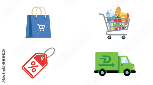 Four distinct icons representing various aspects of shopping, retail, discounts, and delivery services.