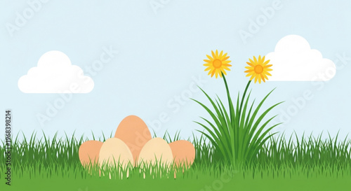 Easter eggs nestled in grass with vibrant yellow flowers blooming nearby
