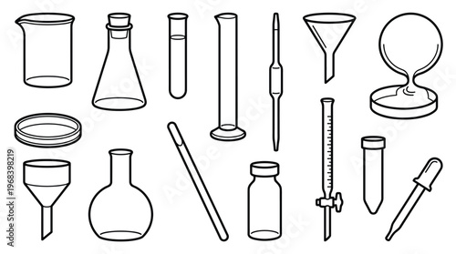 A pristine set of scientific laboratory glassware is depicted in a clean black and white line art style, showcasing the precise outlines of each essential research instrument.