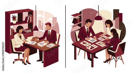 A diptych illustration contrasts a private one-on-one business consultation with a collaborative team meeting, both depicted in a warm and professional corporate art style.