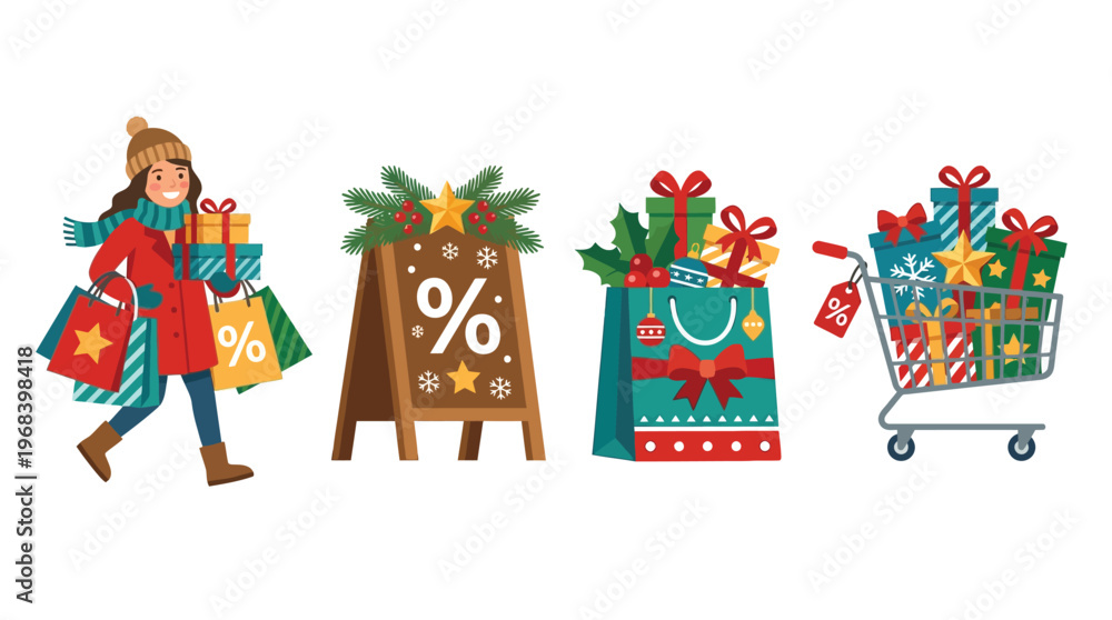 Fototapeta premium A cheerful woman in winter clothes carrying many shopping bags and gifts, alongside a sale sign, a festive shopping bag, and a cart full of presents.