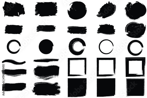Photos Collection of diverse black brush strokes and shapes on white background