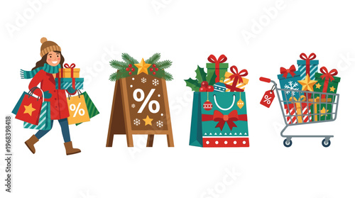A cheerful woman in winter clothes carrying many shopping bags and gifts, alongside a sale sign, a festive shopping bag, and a cart full of presents.