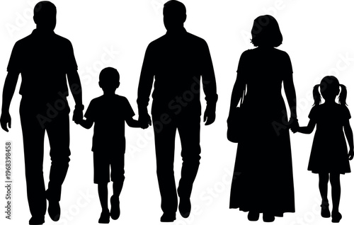 Happy family silhouette of parents grandparents and children walking together holding hands isolated on white background for lifestyle vector concept