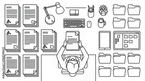 A meticulous top-down line art illustration shows a person reviewing legal documents at a desk surrounded by organized stacks of papers, folders, and office supplies.