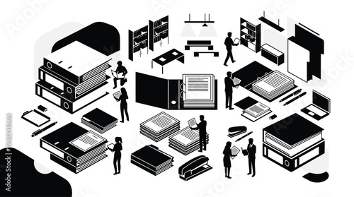 A bustling monochrome isometric office scene depicts diligent workers organizing massive stacks of binders and documents within a meticulously arranged modern workspace.