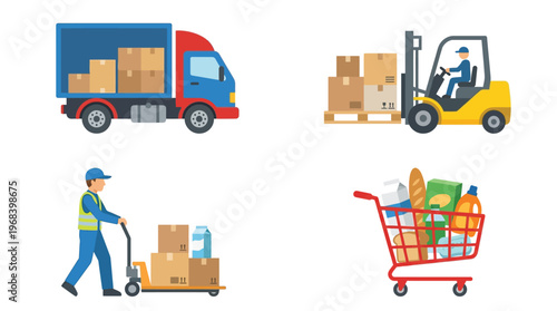 Illustrations showing logistics, delivery, and retail processes including a delivery truck, forklift, pallet jack, and a shopping cart filled with groceries.