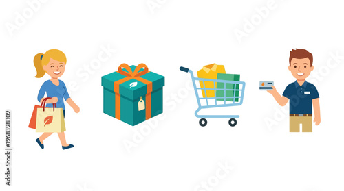A cartoon illustration depicting various elements of shopping and gift-giving, including a girl with a shopping bag, a gift box, a full shopping cart, and a man holding a credit card.