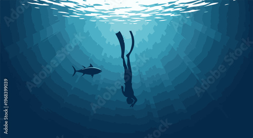 Silhouette of a freediver descending, accompanied by a tuna fish