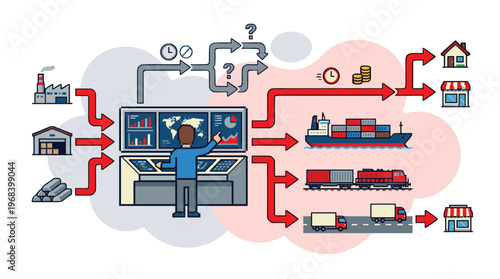 A detailed flowchart infographic shows a supply chain manager at a complex control panel directing the flow of goods from factories to global distribution channels.