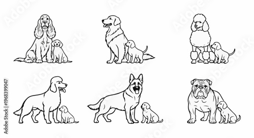 Six distinct pairs of adult dogs with their puppies are depicted in simple line art