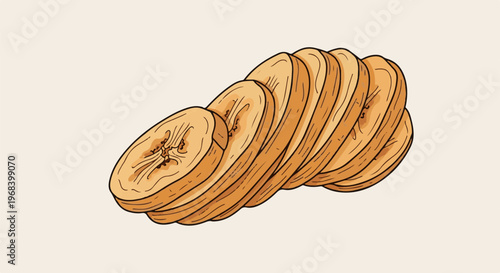 Sliced dried banana slices arranged diagonally on a pale background