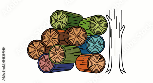 Stacked colorful logs against a stylized tree trunk