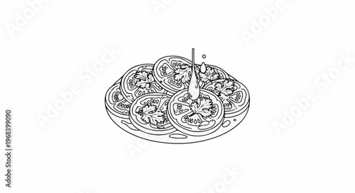 Slices of ripe tomatoes with a leafy herb and a droplet of liquid