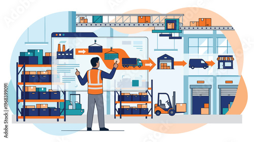 A logistics manager in a safety vest meticulously manages a complex supply chain flowchart on a futuristic digital screen within a bustling modern warehouse.
