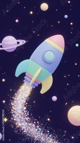 Colorful cartoon rocket ship launching into space with planets and stars