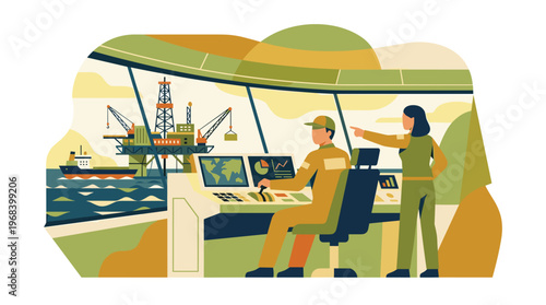 Two diligent industrial operators in a modern control room monitor an offshore oil rig and a cargo ship using complex computer interfaces and data screens.