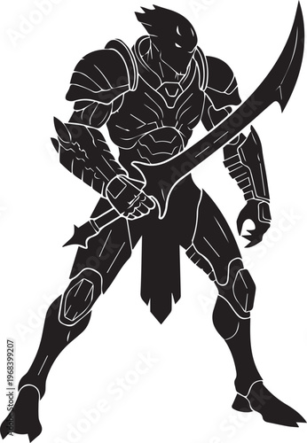 Alien warrior silhouette illustration with sword, line art vector character