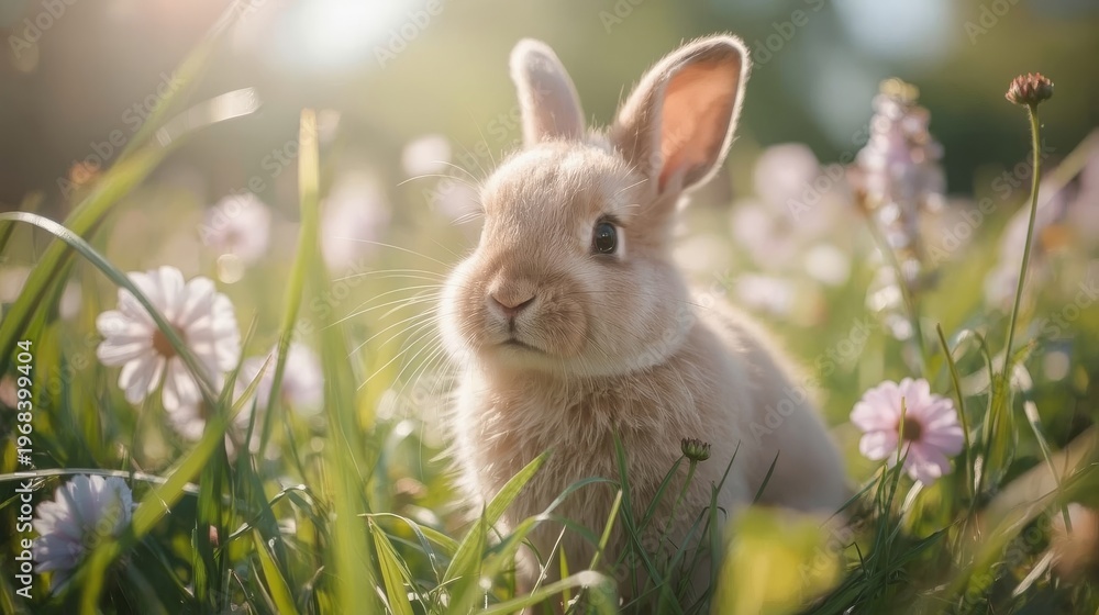 Fototapeta premium Brown Rabbit in Flowers Cute Natural Animal Background