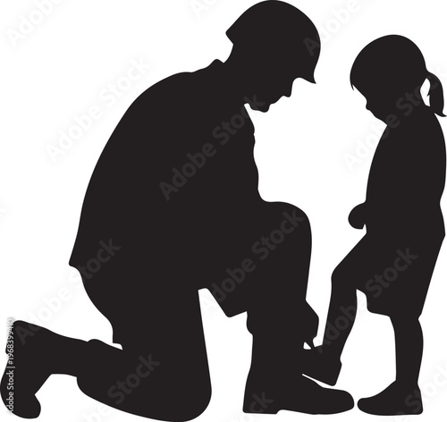 Father soldier helping daughter put on shoes vector silhouette illustration graphic line art