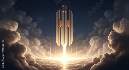 Futuristic Rocket Launching into Cloudy Sky with Golden Light