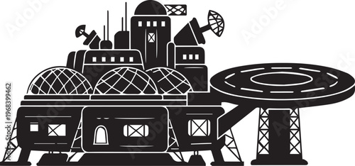 futuristic space colony base on other planet vector silhouette illustration line art