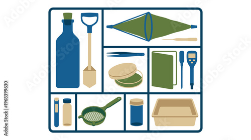 A meticulously organized collection of environmental science tools for sample collection, including a water bottle, shovel, net, and pH meter, arranged in compartments.