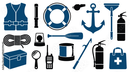 A comprehensive set of essential marine safety and boating equipment icons in a bold blue and black silhouette style, including a life vest, anchor, and fire extinguisher.