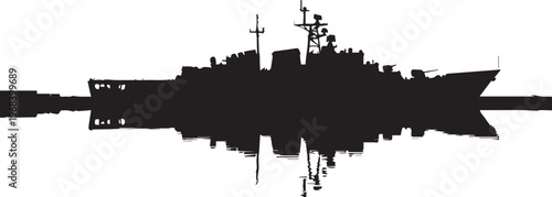 Military warship silhouette vector reflecting on water surface with radar and equipment