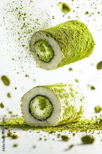 matcha roll cake flying with green tea powder dust, isolated on white background