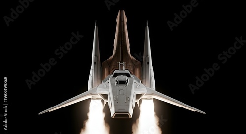 Futuristic Spaceship Launching into Dark Space with Engine Flames