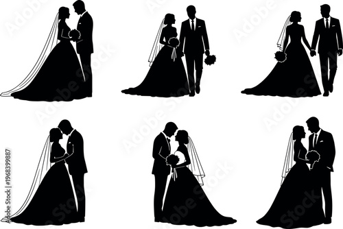 Wedding Couple Silhouette Set Collection Featuring Bride and Groom in Romantic Poses for Marriage Invitations Greeting Cards and Vector Graphic Design