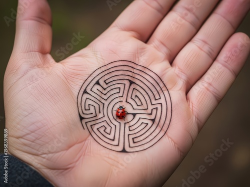 A ladybug sits at the center of a circular labyrinth pattern drawn on the palm of an open human hand.