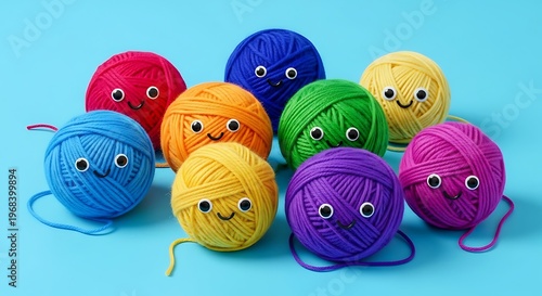 Colorful yarn balls with smiling faces on cheerful blue background