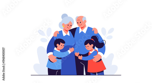 Happy Multi-Generational Family Hugging Together, Depicting Grandparents and Grandchildren with Affection and Joy