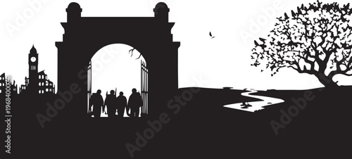 War ruins scene silhouette vector with soldiers walking through stone archway and nature