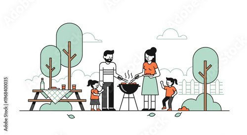 Happy Family Enjoying a Picnic and Barbecue Outdoors in a Park