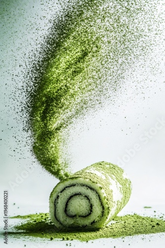 matcha roll cake flying with green tea powder dust, isolated on white background