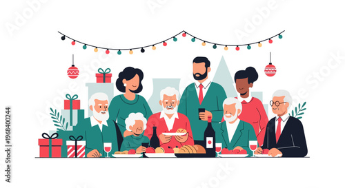 Family gathers around table for festive Christmas dinner celebration indoors