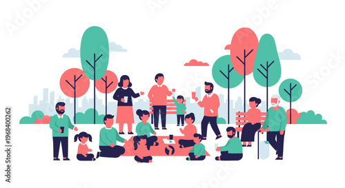 Happy Diverse Community Gathering in Park for Picnic, Families and Friends Enjoying Outdoor Leisure