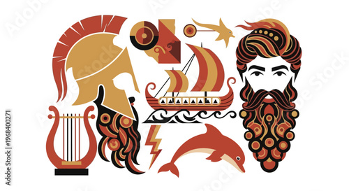 Ancient Greek Mythology Icon Set with Zeus Spartan Helmet Trireme Ship Lyre and Dolphin Vector Illustration