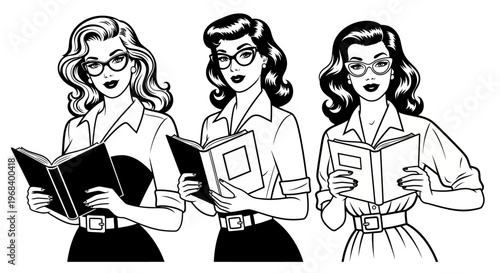 Retro Pop Art Illustration of Three Women with Cat-Eye Glasses Reading Books, Vintage 1950s Comic Style Line Art
