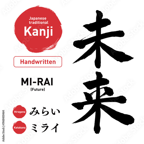 Japanese Kanji Calligraphy "未来(MI-RAI)" Future, Hand-drawn Brush Lettering Vector