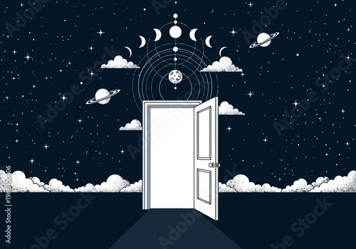 Surreal Mystical Open Door to Cosmic Universe with Moon Phases and Stars Celestial Illustration